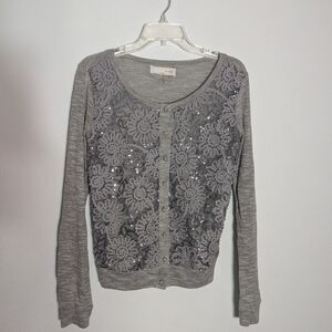 Anthropologie A'reve Womens Cardigan Sweater Floral Sheer Lace Sequins Medium
